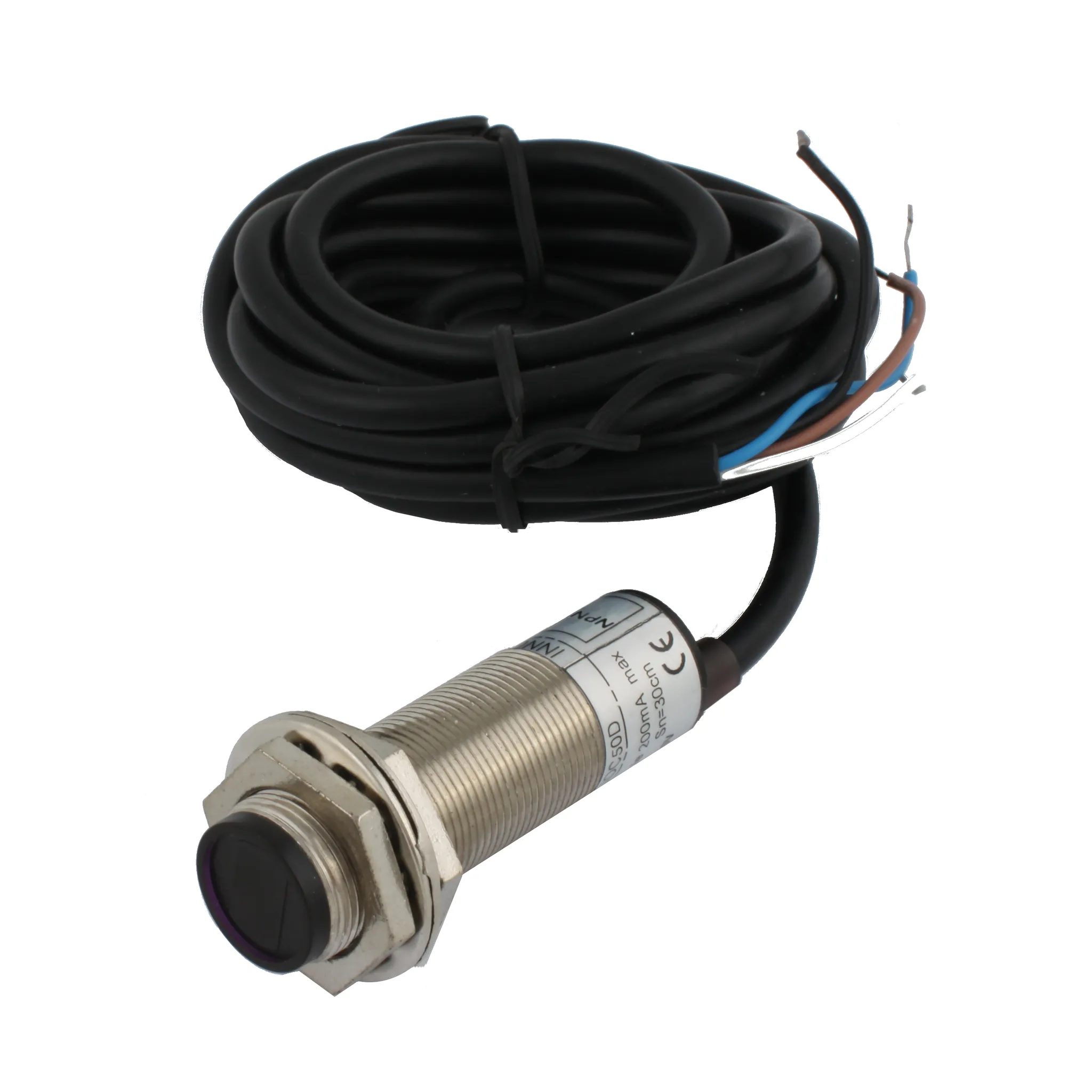 INNOCONT Фотодатчик диффузионный, М18x1, зона срабатывания до 50 см, -10 +60 С, 12…24 VDC, IP67, выход: NPN NO + NC, макс. ток 200 мА, время реакции 3 мс, кабель 2 м PES-D18-NOC50D (cable)